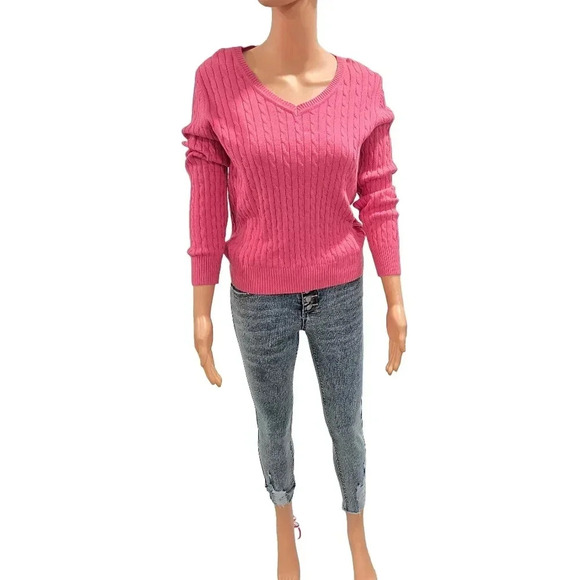 Women's Cable Knit V-Neck Sweater - Vibrant Pink, Size xs - Picture 1 of 13